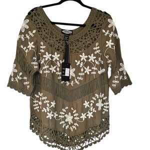 Oliver O  Womens Small Green Embroidered Crochet Boho Peasant  Blouse NWT